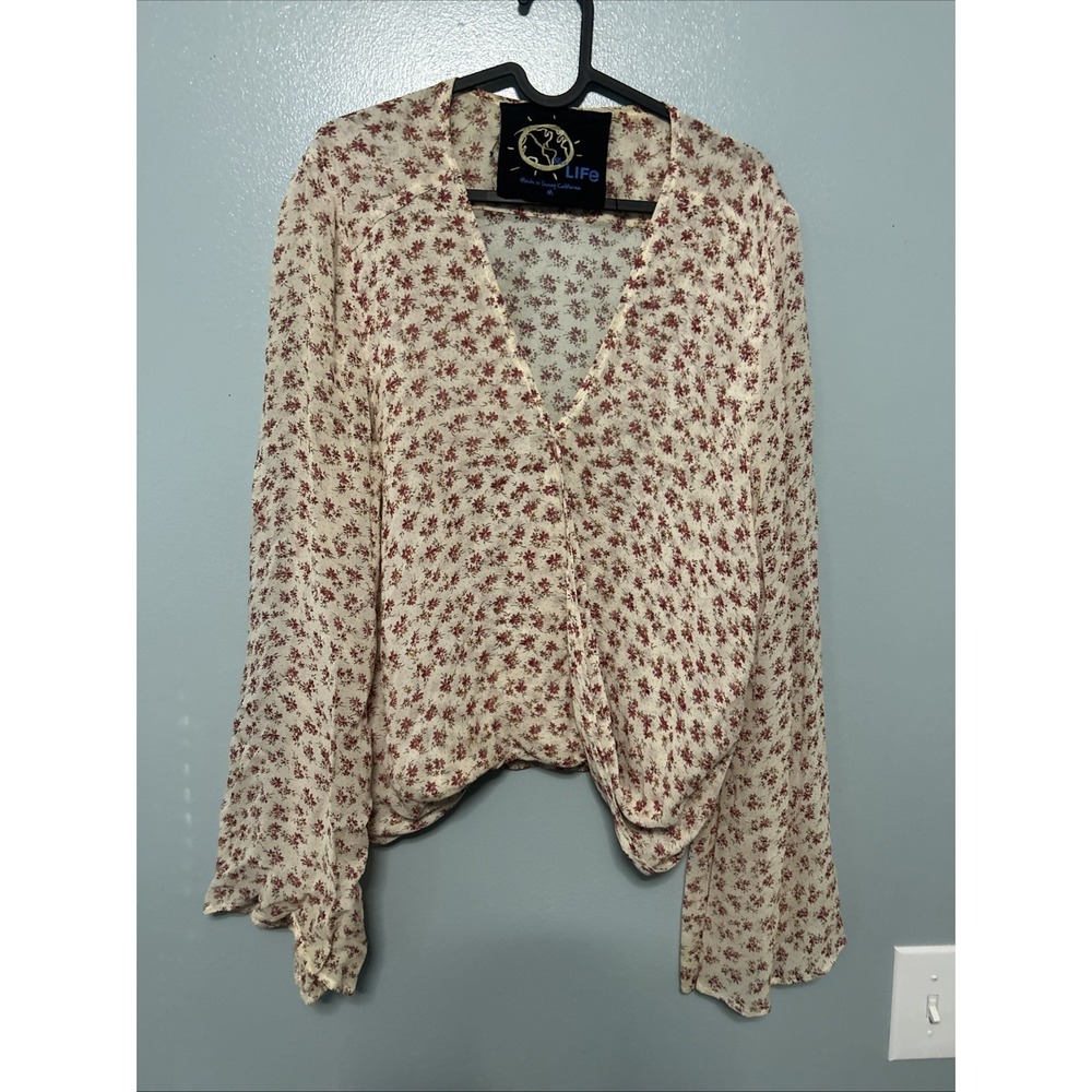 Blue Life Boho  Ditsy Floral Beige Red Long Sleeve Blouse Women's Medium Sheer